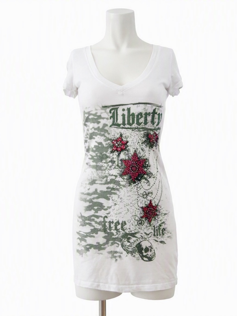 Shamu Liberty Wear Women's V-Neck Short Sleeve Rhinestones T-Shirt White Small